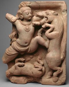 Gupta terracotta relief, Krishna Killing the Horse Demon Keshi, 5th century