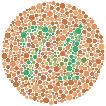 The number "74"&nbsp;– composed of scattered solid circles of varying size and varying but approximately green color&nbsp;– surrounded by a field of approximately sandy brown circles also of varying size and color. Some of the color variation in the circles is deliberately curated such that viewers with red-green color blindness will likely see the number "21" instead of "74".