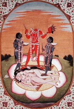 A decapitated, red-complexioned, nude woman stands on a copulating couple inside a large lotus. She holds her severed head and a scissor-like weapon. Three streams of blood from her neck feed her head and two blue-coloured nude women holding a scissor-like object and a skull-cup, who flank her. All three stand above a copulating couple.