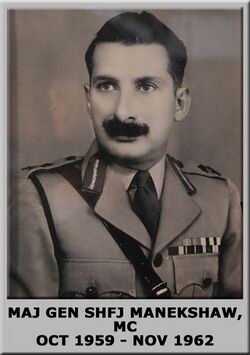 A photograph of Manekshaw wearing the Commandant's uniform, the dates of his service in this role are displayed in a caption